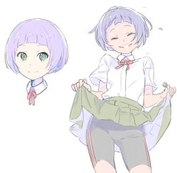  araki_rena bike_shorts blush clothes_lift commentary_request enkyo_yuuichirou female green_eyes grin looking_at_viewer multiple_views purple_hair school_uniform short_hair shorts shorts_under_skirt skirt skirt_lift smile tokyo_7th_sisters 