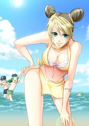  bikini bikini_top black_hair blue_eyes breasts female foo_fighters green_hair jojo&#039;s_bizarre_adventure jolyne_kujo jotaro_kujo kaya_(artist) large_breasts lense_flare loincloth narciso_anasui orange_hair posing star star_birthmark stone_ocean tattoo toned toned_female 