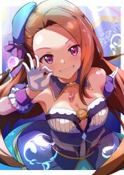  absurdres bare_shoulders beret blue_hat breasts brown_hair cleavage clenched_teeth commentary_request female forehead gloves hat highres idolmaster idolmaster_(classic) idolmaster_million_live! idolmaster_million_live!_theater_days long_hair looking_at_viewer minase_iori purple_eyes sanami_(sanami_t_38) small_breasts smile solo teeth white_gloves 