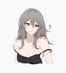  ... ? alternate_costume bare_shoulders black_shirt breasts cleavage collarbone commentary cropped_torso double_strap_slip english_commentary feint721 female grey_background grey_hair hair_between_eyes highres honkai:_star_rail honkai_(series) long_hair looking_to_the_side medium_breasts parted_lips shirt solo stelle_(honkai:_star_rail) trailblazer_(honkai:_star_rail) yellow_eyes 