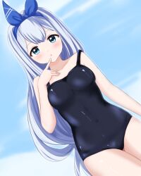  anchor_(nikke) bare_arms bare_legs bare_shoulders bikini blue_eyes blue_hair blue_sky cloud female goddess_of_victory:_nikke hair_ribbon long_hair looking_at_viewer one-piece_swimsuit ribbon sa_(nax49) sky solo swimsuit upper_body 