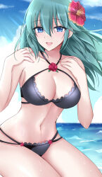  :d bare_arms bare_shoulders bikini black_bikini blue_eyes blue_sky breasts character_request cleavage cloud cloudy_sky day female fire_emblem floating_hair flower green_hair hair_between_eyes hair_flower hair_ornament hands_up hibiscus highres horizon kirishima_riona long_hair looking_at_viewer medium_breasts ocean red_flower red_rose rose sky smile solo swimsuit water 