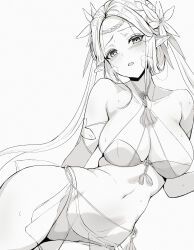  absurdres blush braid breasts cleavage commission elf epic_seven female flower hair_flower hair_ornament half-closed_eyes heavy_breathing highres iseria_(epic_seven) large_breasts long_hair looking_at_viewer low_twintails monochrome navel open_mouth pixiv_commission pointy_ears salmon969 see-through_clothes solo sweat tassel twintails 