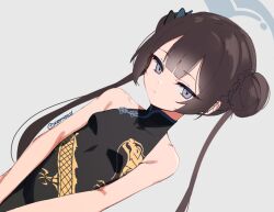  bare_shoulders black_dress black_hair blue_archive braid braided_bun breasts butterfly_hair_ornament china_dress chinese_clothes double_bun dragon_print dress female grey_eyes hair_bun hair_ornament halo kisaki_(blue_archive) long_hair looking_at_viewer skeptycally small_breasts solo twintails 