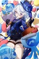  :d ahoge ascot asymmetrical_gloves balloon black_ascot black_gloves blue_ascot blue_brooch blue_eyes blue_gemstone blue_hair blue_hat blue_jacket blush bubble cowlick drop-shaped_pupils female fish fork furina_(genshin_impact) gem genshin_impact gentilhomme_usher gloves hair_between_eyes hat heterochromia highres holding holding_fork hydro_symbol_(genshin_impact) imasaki_kei jacket light_blue_hair long_hair looking_at_viewer mademoiselle_crabaletta mismatched_gloves mismatched_pupils open_mouth seahorse smile solo surintendante_chevalmarin symbol-shaped_pupils thigh_strap top_hat 