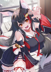  :d absurdres animal_ear_fluff animal_ears black_hair black_serafuku black_shirt black_skirt breasts choker claw_pose commentary cropped_shirt day detached_sleeves female hair_between_eyes hair_ornament hairclip highres hololive kouhaku_nawa large_breasts long_hair long_sleeves looking_at_viewer miniskirt multicolored_hair necktie oerba_yun_fang ookami_mio ookami_mio_(1st_costume) open_mouth outdoors pleated_skirt puripuri red_choker red_hair red_necktie rope sailor_collar school_uniform serafuku shimenawa shirt sitting skirt smile solo streaked_hair tabi tail thighhighs virtual_youtuber white_sailor_collar white_thighhighs wolf_ears wolf_girl wolf_tail yellow_eyes 