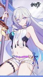  bare_shoulders blue_eyes blue_hair breasts bright_pupils cowboy_shot female grey_hair highres holding honkai_(series) honkai_impact_3rd looking_at_viewer medium_breasts micro_shorts misteln_schariac multicolored_hair nail_polish navel official_art open_fly purple_nails shorts smile solo standing stomach streaked_hair thighs white_pupils white_shorts 