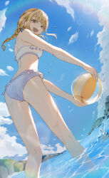  absurdres ass ball bare_shoulders beachball bikini blonde_hair blue_sky braid breasts cliff cloud female frilled_bikini frills from_behind fujita_kotone gakuen_idolmaster highres holding holding_ball holding_beachball idolmaster long_hair looking_at_viewer medium_breasts nanasenaru oerba_yun_fang open_mouth partially_submerged sidelocks sky smile splashing swept_bangs swimsuit twin_braids water white_bikini yellow_eyes 