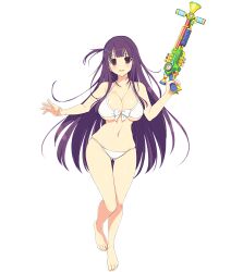  ass_visible_through_thighs bikini breasts front-tie_bikini_top front-tie_top hair_ornament hairclip highres holding holding_water_gun kagurazaka_rinka large_breasts long_hair looking_at_viewer navel official_art open_mouth purple_eyes purple_hair senran_kagura senran_kagura_peach_beach_splash simple_background smile swimsuit valkyrie_drive valkyrie_drive_-bhikkhuni- water_gun white_bikini yaegashi_nan 