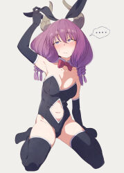  animal_ears annoyed armpits aura_(sousou_no_frieren) blush bow bowtie braid breasts choppy_bangs clothing_cutout commentary demon_girl demon_horns detached_collar detached_sleeves eitopondo fake_animal_ears female highres horns light_blush medium_breasts medium_hair playboy_bunny purple_hair rabbit_ears simple_background sitting solo sousou_no_frieren thighhighs twin_braids wariza white_background 