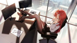  breasts cleavage commission dong_(art_woodong) hair_ornament hairclip high_heels highres indie_virtual_youtuber legs_on_table office_lady pantyhose red_hair sitting 