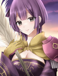  armor bernadetta_von_varley breasts brown_gloves brown_sky character_request check_character cleavage cloud female fire_emblem fire_emblem:_three_houses gloves hand_up highres holding kirishima_riona long_sleeves looking_at_viewer medium_breasts outdoors pauldrons purple_sky shoulder_armor sky solo upper_body wide_sleeves 