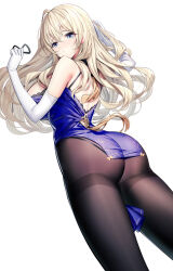  arm_behind_back arms_up ass bare_shoulders black_pantyhose blonde_hair blue_eyes breasts closed_mouth elbow_gloves female from_behind gloves highres large_breasts long_hair looking_at_viewer looking_back original pantyhose revision ririko_(zhuoyandesailaer) saegusa_futaba solo standing white_gloves 