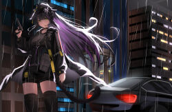  absurdres animal_ears arknights black_hair black_shorts black_thighhighs building car cat_ears cat_girl cat_tail colored_inner_hair commentary_request ear_down female green_eyes grey_shirt gun handgun headphones highres holding holding_gun holding_weapon jessica_(arknights) jessica_the_liberated_(arknights) long_hair long_sleeves looking_at_viewer motor_vehicle multicolored_hair night ponytail puffy_long_sleeves puffy_sleeves puranetto_(vjun4748) purple_hair shirt shorts solo standing tail thighhighs thighs weapon 