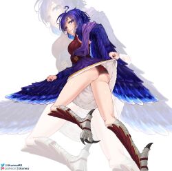  ass bird_legs blue_eyes blue_feathers blue_hair blue_wings breasts clothes_lift commentary commission dress dress_lift english_commentary feathers female freckles grin harpy lace lace_panties leather_vest lifting_own_clothes likunea looking_at_viewer looking_back messy_hair monster_girl original panties patreon_username purple_dress red_panties shin_guards short_hair small_breasts smile solo talons twitter_username underwear white_background winged_arms wings zoom_layer 