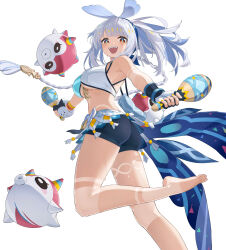  :d absurdres aqua_headband bare_shoulders barefoot blue_hair blue_hairband blue_headband blush braid breasts chinchilla_ears crop_top dark_skin female fingerless_gloves fish-shaped_pupils freeeeeeeeeee genshin_impact gloves hairband hawaiian_clothes headband highres holding holding_instrument holding_maracas instrument large_breasts light_blue_hair long_hair looking_at_viewer low_twin_braids maracas midriff mualani_(genshin_impact) multiple_girls open_mouth red_eyes smile solo surfing symbol-shaped_pupils tan twin_braids white_background white_hair 