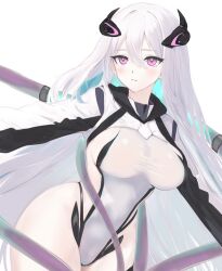  azur_lane bare_shoulders breasts female gloves hair_between_eyes kearsarge_(azur_lane) large_breasts leotard long_hair looking_at_viewer purple_eyes sa_(nax49) simple_background solo upper_body very_long_hair white_background white_hair white_leotard 