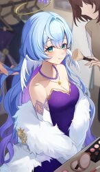  absurdres alternate_costume applying_makeup aqua_eyes bare_shoulders blue_hair breasts cleavage closed_mouth collarbone commentary_request detached_sleeves dress facial_mark female hair_between_eyes halo head_wings highres holding_another&#039;s_hair honkai:_star_rail honkai_(series) jewelry light_blue_hair light_blush long_hair looking_at_viewer medium_breasts necklace out_of_frame pendant purple_dress robin_(honkai:_star_rail) sitting smile solo strapless strapless_dress very_long_hair white_sleeves white_wings wings youwon0417 