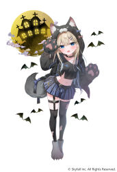  animal animal_ear_fluff animal_hands animal_hood arm_up asymmetrical_legwear bat_(animal) black_gloves black_jacket black_shirt black_thighhighs building collarbone commentary_request copyright_request female full_moon gloves grey_footwear hood hood_up hooded_jacket jacket looking_at_viewer mafuyu_(chibi21) moon navel off_shoulder official_art paw_gloves paw_shoes shirt simple_background solo tail thighhighs torn_clothes torn_thighhighs white_background window 