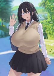  absurdres bag black_eyes black_hair black_necktie black_skirt blurry blurry_background breasts female highres huge_breasts long_hair long_sleeves looking_at_viewer natsuishi_nana necktie open_mouth original outdoors school_bag school_uniform shirt skirt sleeveless sleeveless_sweater solo sweater white_shirt 