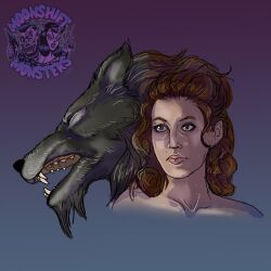  anthro before_and_after black_body black_fur brown_hair canid canine closed_eyes dog_soldiers female fur hair hi_res human logo long_hair mammal megan_(dog_soldiers) moonshiftmnstrs mythological_canine mythological_creature mythology open_mouth sharp_teeth simple_background solo teeth transformation were werecanid werecanine werewolf 