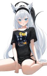  absurdres ahoge animal_ear_fluff animal_ears aqua_eyes barefoot black_hairband black_panties black_shirt blush crossed_bangs double-parted_bangs extra_ears female fox_ears fox_girl fox_tail hairband highres hip_vent hololive kaze_22 long_hair looking_at_viewer low_twintails no_pants official_alternate_costume official_alternate_hairstyle open_mouth panties pentagram print_shirt shirakami_fubuki shirakami_fubuki_(loungewear) shirt side-tie_shirt sidelocks simple_background single_off_shoulder sitting solo t-shirt tail twintails underwear v-shaped_eyebrows very_long_hair virtual_youtuber wariza white_background white_hair 