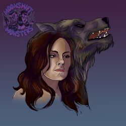  anthro black_body black_fur brown_hair canid canine female fur hair hi_res human laurie_(trick_r_treat) logo long_hair mammal moonshiftmnstrs mythological_canine mythological_creature mythology narrowed_eyes open_mouth sharp_teeth simple_background teeth trick_&#039;r_treat were werecanid werecanine werewolf 