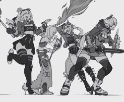  4girls axe biker_clothes black_thighhighs bone_nig burnice_white caesar_king_(zenless_zone_zero) closed_eyes greyscale highres holding holding_axe holding_flamethrower holding_shield holding_sword holding_weapon long_hair luciana_de_montefio medium_hair miniskirt monochrome multiple_girls pants piper_wheel shield skirt sword thighhighs weapon zenless_zone_zero 