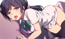  black_thighhighs bow bowtie breasts duke_(inu_daimyou) female green_bow green_bowtie green_eyes hair_ornament hair_scrunchie large_breasts long_hair love_live! love_live!_school_idol_project low_twintails open_mouth pink_scrunchie purple_hair school_uniform scrunchie short_hair solo thighhighs thighs tojo_nozomi twintails 