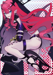  baobhan_sith_(fate) baobhan_sith_(second_ascension)_(fate) black_nails black_panties bracelet detached_sleeves earrings fangs fate/grand_order fate_(series) female from_side grey_eyes high_heels hoop_earrings jewelry knee_up long_hair looking_at_viewer open_mouth panties pink_hair pointy_ears revealing_clothes seinaru_wakamono sidelocks smile solo spiked_bracelet spikes standing standing_on_one_leg thigh_strap underwear veil 