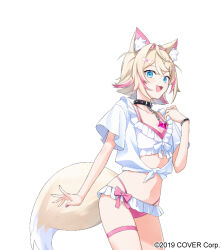  aneco_(westsea1227) animal_ears bikini blonde_hair breasts commentary dog_ears dog_girl female frilled_bikini frills hololive hololive_english long_hair looking_at_viewer mococo_abyssgard multicolored_hair official_alternate_costume official_art pink_hair solo streaked_hair swimsuit virtual_youtuber 