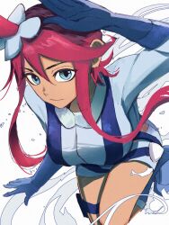  axelstool blue_eyes blue_footwear blue_gloves boots breasts female gloves highres looking_at_viewer pokemon pokemon_bw red_hair salute short_hair_with_long_locks skyla_(pokemon) solo thigh_strap 