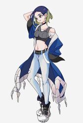  arm_behind_head belt black_choker blue_hair blue_pants breasts brown_eyes choker closed_mouth cocoa_s3 commentary crop_top earrings eyelashes female full_body green_hair hand_on_own_hip highres jewelry large_breasts looking_ahead midriff multicolored_hair navel pants perrin_(pokemon) pokemon pokemon_sv shoes simple_background smile solo symbol-only_commentary two-tone_hair white_background 