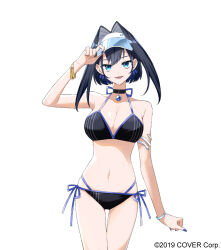  aneco_(westsea1227) bikini black_hair blue_eyes blue_hair breasts cleavage commentary female hair_intakes halterneck hololive hololive_english large_breasts long_hair looking_at_viewer official_alternate_costume official_art ouro_kronii short_hair side-tie_bikini_bottom solo string_bikini swimsuit virtual_youtuber 