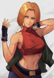  bare_shoulders belt belt_buckle black_belt black_gloves blonde_hair blue_eyes blue_mary blue_pants bob_cut breasts brown_belt buckle crop_top denim fatal_fury female fingerless_gloves gloves green_jacket halterneck highres holding holding_jacket holding_unworn_clothes jacket jeans large_breasts looking_to_the_side luzzeo00 midriff multiple_belts muscular muscular_female navel pants red_shirt shirt short_hair simple_background sleeveless smile solo the_king_of_fighters 