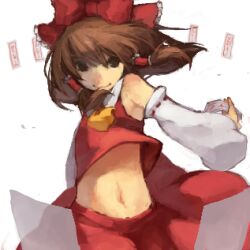  ascot bare_shoulders bow brown_hair detached_sleeves female floating floating_object frilled_bow frills hair_tubes hakurei_reimu holding_ofuda looking_at_viewer lowres midriff mmlu_(honwa_karesu) navel ofuda red_shirt red_skirt shirt skirt sleeveless sleeveless_shirt smile solo stomach touhou upshirt white_sleeves yellow_ascot 