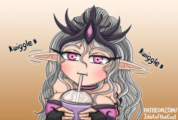  bare_shoulders breasts cleavage commentary cup disposable_cup drinking drinking_straw ear_wiggle female fingerless_gloves gloves grey_hair grimace_shake_(meme) holding holding_cup idiot_of_the_east large_breasts meme pink_eyes pointy_ears slaanesh solo upper_body warhammer_40k web_address 