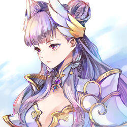  armor blue_background breasts center-flap_bangs closed_mouth commentary_request double_bun female gold_trim hair_bun head_wings highres long_hair looking_ahead mogg_magg palamena_(visions_of_mana) purple_eyes purple_hair seiken_densetsu solo two-tone_background upper_body visions_of_mana white_background wings 