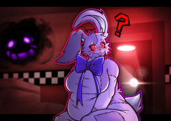  anthro ass big_breasts big_butt blue_bow blush bow_tie box breasts buckteeth ceiling_lamp clothing container costume eyelashes female five_nights_at_freddy&#039;s five_nights_at_freddy&#039;s:_security_breach fursuit hi_res human kibichi lagomorph lamp leporid light looking_back mammal overweight question_mark rabbit red_eyes scottgames solo steel_wool_studios stitch_(sewing) teeth vanny_(fnaf) 