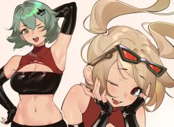  2girls arm_up armpits bea_lenoir black_gloves black_tube_top blonde_hair breasts brown_eyes burnice_white burnice_white_(cosplay) caesar_king_(zenless_zone_zero) cleavage cosplay eyewear_on_head fingerless_gloves gloves grey_hair hair_ornament large_breasts multiple_girls navel one_eye_closed open_mouth red_eyes short_hair stomach strapless tube_top twintails white_background zenless_zone_zero 