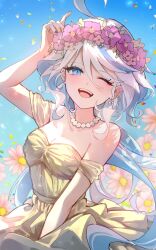  ;d ahoge bare_shoulders blue_eyes blue_hair blue_sky breasts cleavage dalchae day dress earrings female flower furina_(genshin_impact) genshin_impact head_wreath highres jewelry multicolored_hair necklace off-shoulder_dress off_shoulder one_eye_closed open_mouth outdoors pink_flower short_sleeves sky smile solo streaked_hair white_hair yellow_dress 