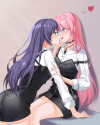  2girls absurdres after_kiss black_choker black_dress blush chinese_commentary choker closers commentary_request dress eunha_(closers) green_eyes hand_on_another&#039;s_face heart highres holding_own_arm long_hair long_sleeves miniskirt multiple_girls pink_hair purple_hair romanticstar saliva saliva_trail seulbi_lee shadow shirt sitting skirt strap_slip tongue tongue_out white_shirt yuri 