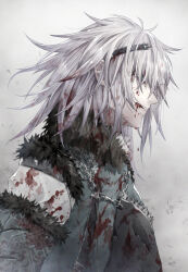  1boy black_jacket blood blood_from_mouth blood_in_hair blood_on_clothes blue_eyes chains commentary_request fur-trimmed_jacket fur_trim grey_background grey_hair highres jacket male_focus medium_hair nier nier_(brother) nier_(series) setsumushi simple_background solo upper_body 