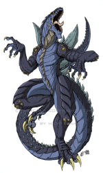  4_fingers anthro claws fangs feral fingers glowing glowing_eyes godzilla_(series) kaiju kaijusamurai male monster nude open_mouth pose raised_leg reptile scalie simple_background solo spikes tail teeth toho tongue unavailable_at_source white_background zilla 