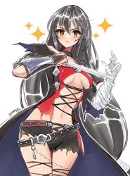  bandaged_arm bandages belt black_cape black_hair black_shorts breasts cape commentary female frown gauntlets hair_between_eyes kamaniki long_hair looking_at_viewer medium_breasts navel short_shorts shorts sideboob simple_background solo sparkle standing tales_of_(series) tales_of_berseria torn_clothes torn_shorts v-shaped_eyebrows velvet_crowe white_background yellow_eyes 