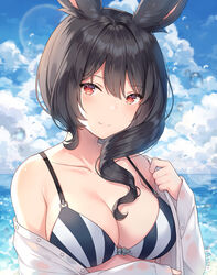  1girls beach black_hair breasts bunny_ear bunny_ears cleavage dark_hair detailed_background eyebrows_visible_through_hair female female_only final_fantasy looking_at_viewer red_eyes smile smiling smiling_at_viewer solo solo_female solo_focus swimsuit tagme viera 