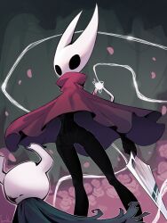  1other arthropod_girl black_skin cloak colored_skin female flower grey_cloak highres hollow_eyes hollow_knight hollow_knight:_silksong horned_mask hornet_(hollow_knight) imerald knight_(hollow_knight) light_trail mask needle_(hollow_knight) petals red_cloak rose rose_petals solo_focus standing white_mask 