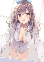  :d blush bottomless breasts brown_hair center_opening cleavage collarbone collared_shirt commentary_request cowboy_shot downblouse dress_shirt female foreshortening grey_shirt hanging_breasts hatsu_(first_snow) highres idolmaster idolmaster_shiny_colors large_breasts leaning_forward long_hair long_sleeves looking_at_viewer naked_shirt no_bra no_pants open_mouth outstretched_arms partially_unbuttoned ponytail red_eyes shirt smile solo tsukioka_kogane white_shirt 