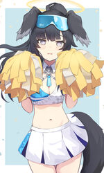  angel animal_ears bare_shoulders black_hair blue_archive blue_background blush border breasts cheerleader cleavage commentary cowboy_shot crop_top dog_ears dog_girl dog_tail eyewear_on_head female goggles goggles_on_head halo hands_up hibiki_(blue_archive) hibiki_(cheer_squad)_(blue_archive) highres holding holding_pom_poms kiukoma long_hair looking_at_viewer medium_breasts midriff millennium_cheerleader_outfit_(blue_archive) miniskirt navel official_alternate_costume open_mouth pleated_skirt pom_pom_(cheerleading) ponytail shirt skirt sleeveless sleeveless_shirt solo standing stomach tail thighhighs white_skirt 