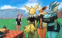  anthro ass big_breasts big_butt black_sclera blue_body blue_eyes bocchi_the_rock breast_size_difference breasts cleavage clothed clothing eeveelution female flareon generation_1_pokemon generation_6_pokemon group hi_res huge_breasts jolteon looking_at_another looking_down midriff navel nintendo outside pink_body pokemon pokemon_(species) red_body redraw screencap screencap_background shy standing sylveon tail thick_thighs vaporeon white_body white_eyes yboon yellow_body 